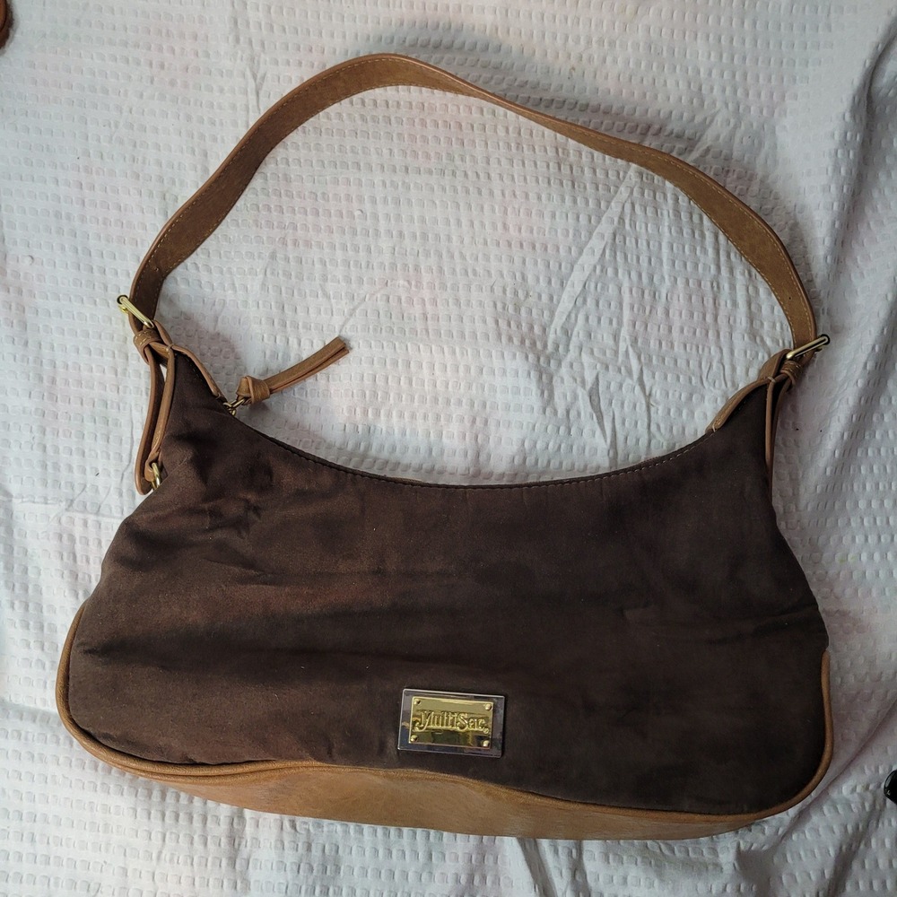 MultiSac‎ Brown Faux Suede Hobo Shoulder Bag Tan Trim Gold Hardware 0409
